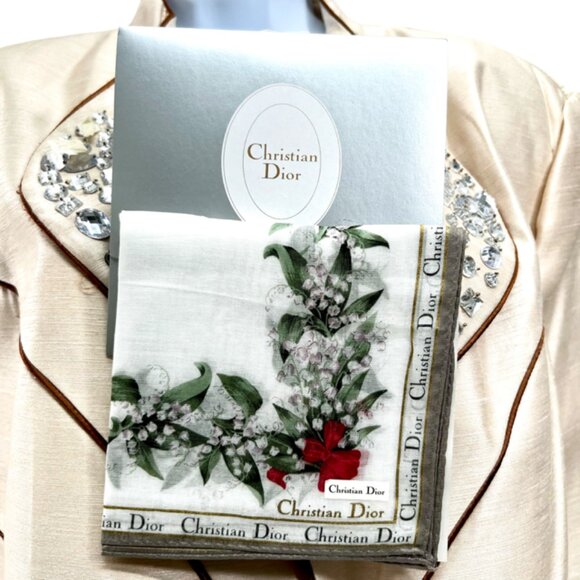 New W/Box CHRISTIAN DIOR Mni Scarf/Handker Cotton 18.5" White Green Red Flora(10 - Picture 1 of 9